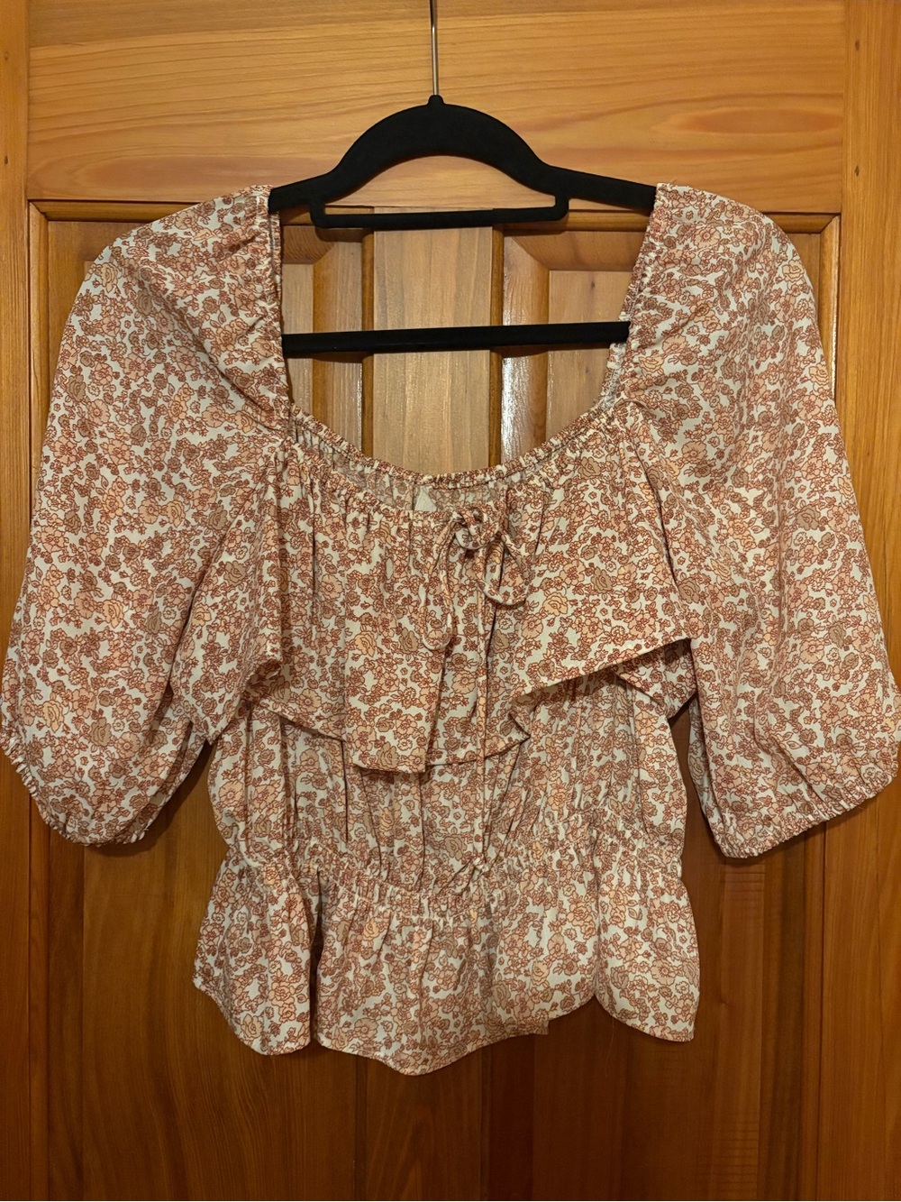 Chelsea & Violet Floral Peasant Blouse with Ruffle Tie - Rust/Cream